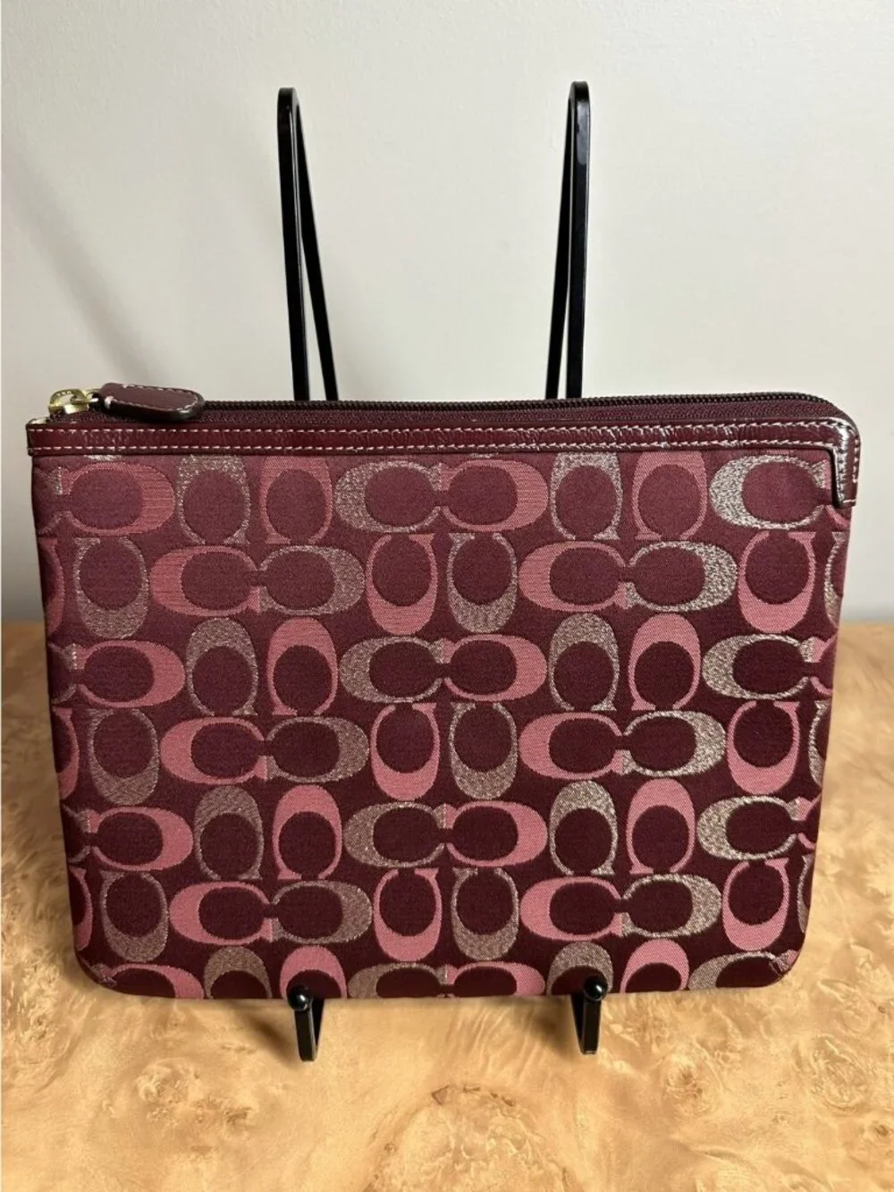 Coach Signature C Logo Padded iPad Tablet Sleeve Case Burgundy Pink Jacquard